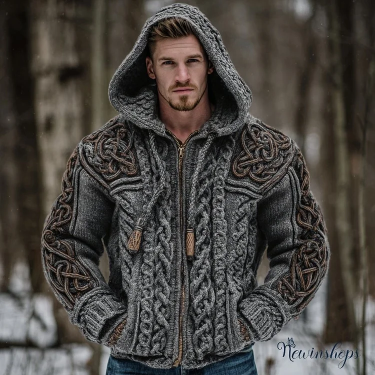 Men's Vintage Viking Celtic Knot Art Chunky Knit Hooded Zip-up Sweater