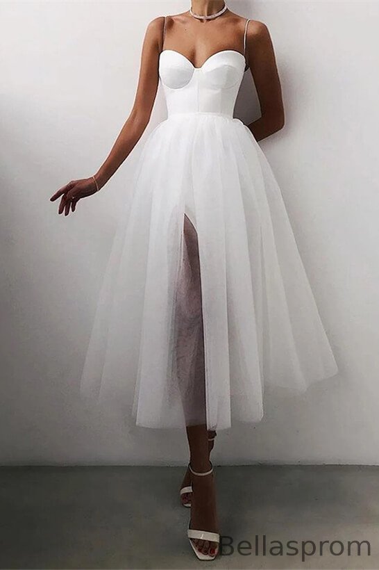 Bellasprom Spaghetti-Straps White Short Wedding Dress Tulle With Slit Bellasprom
