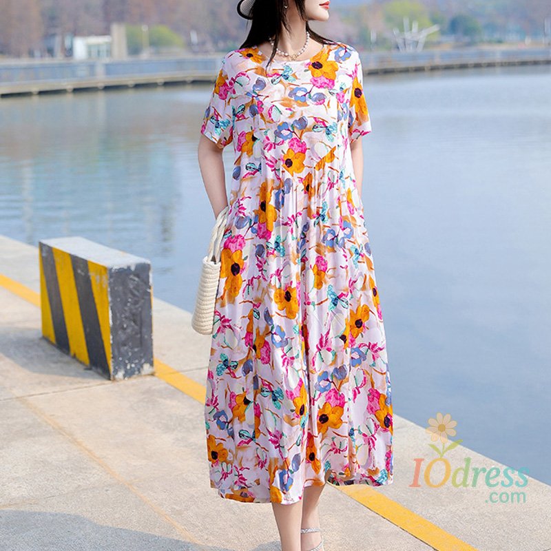 IO Dress New Casual Fashion Summer Dresses For Women 2025 Vintage Elegant Short Sleeve Printing Women Dress O-Neck Dresses Women Clothing