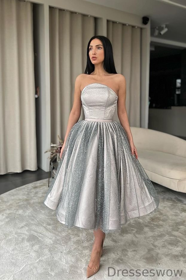 Dresseswow Silver Strapless Tulle Sequins Short Prom Dress On Sale