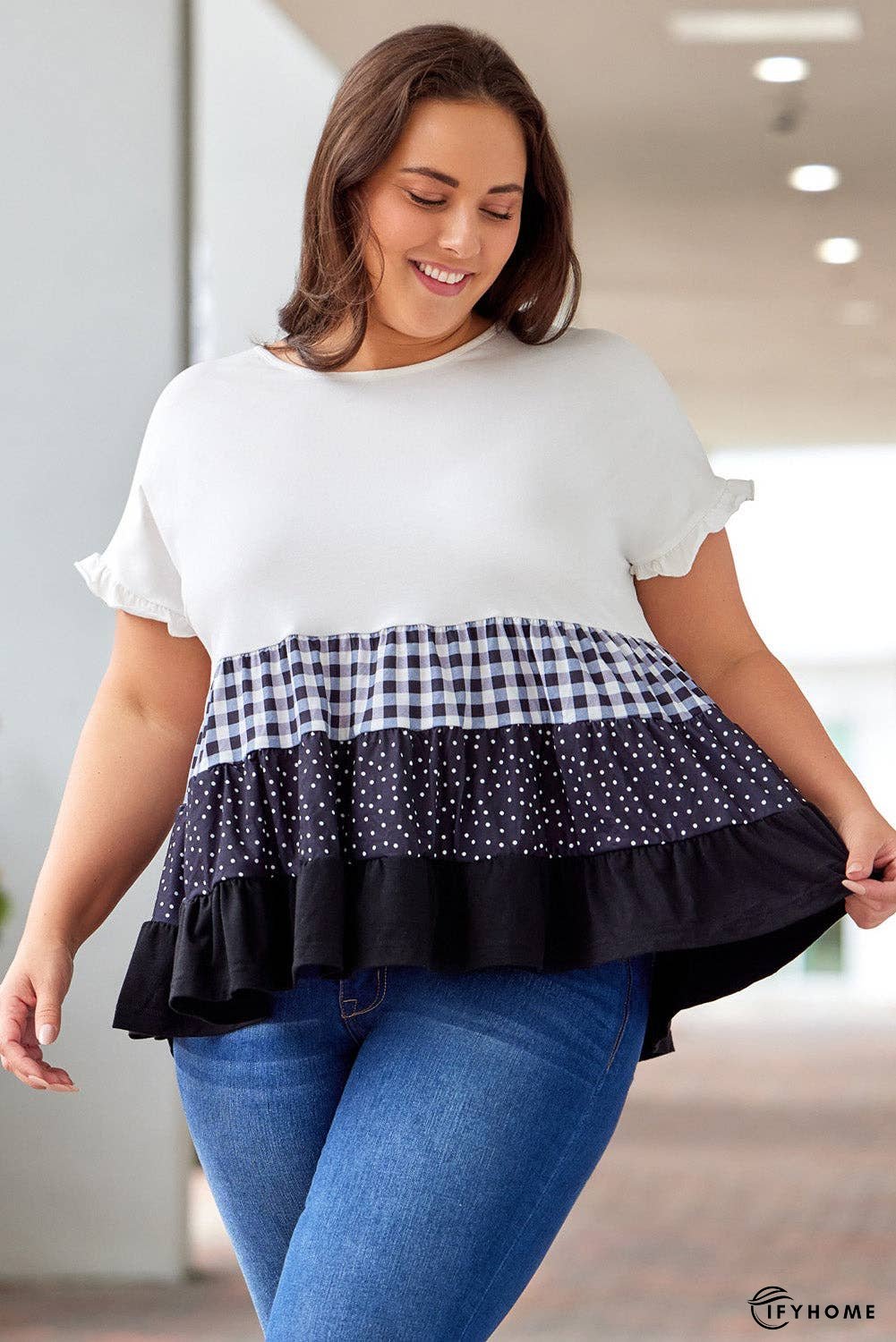 Plus Size Plaid Color Block Tiered Blouse | IFYHOME