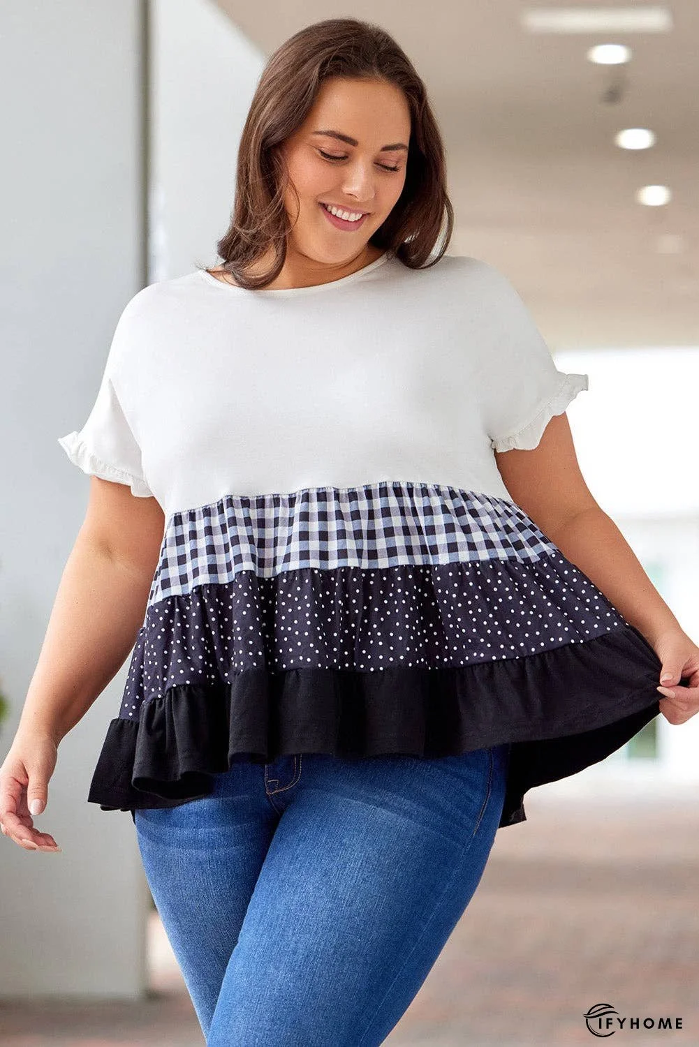 Plus Size Plaid Color Block Tiered Blouse | IFYHOME