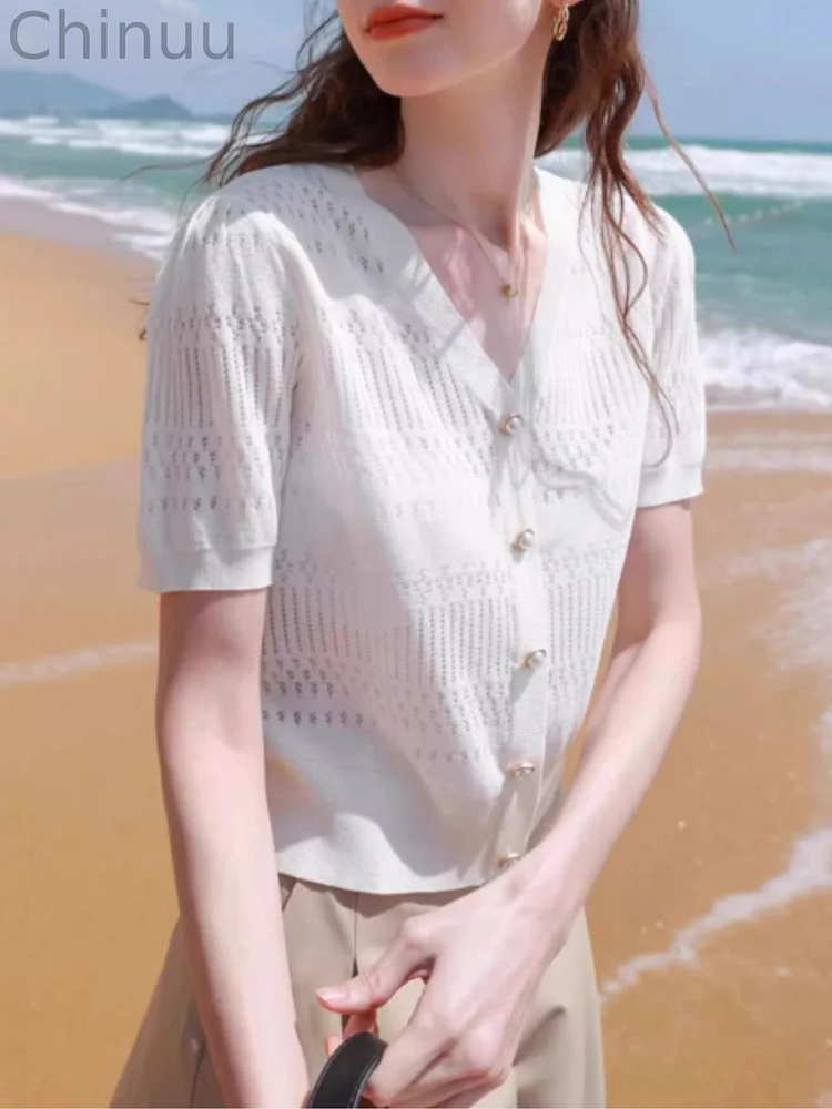 Hollow Cardigan Short Sleeves - White