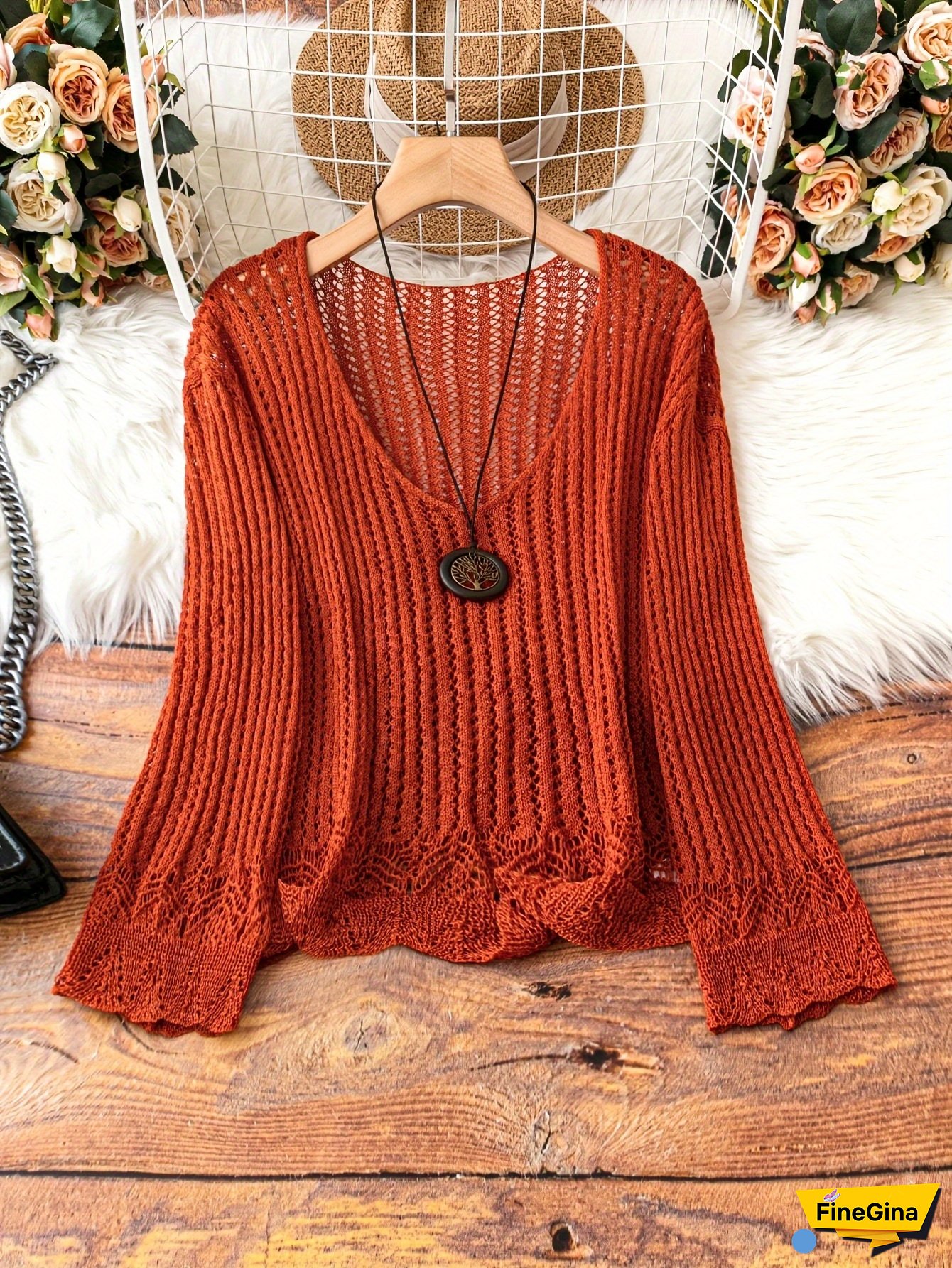 A Deep V-Neck Pullover Made of Hollow Knitted Fabric, Featuring Long Sleeves, a Regular Length, No Belt, No Padding, a Loose Fit, Solid Color, Slight Stretch, Perfect for Spring And Summer Vacations.