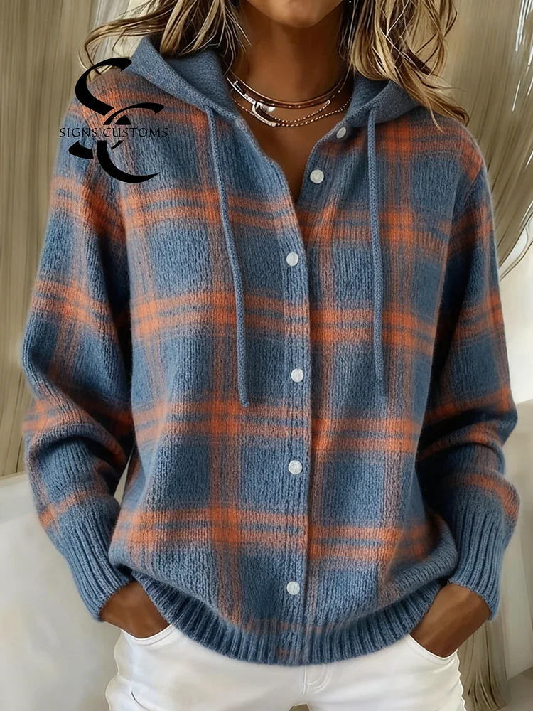 Vintage Soft Check Contrast Hooded Button Knit Cardigan