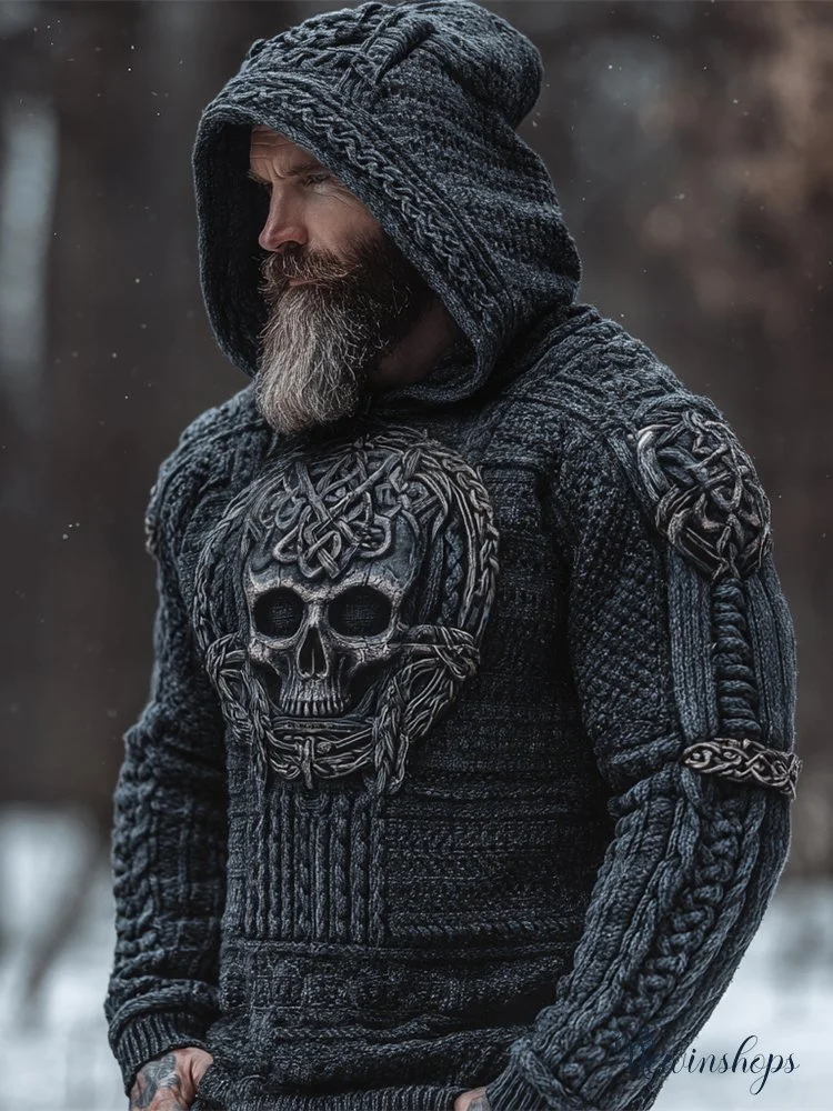 Viking Skull Men's Chunky Knit Hooded Sweater