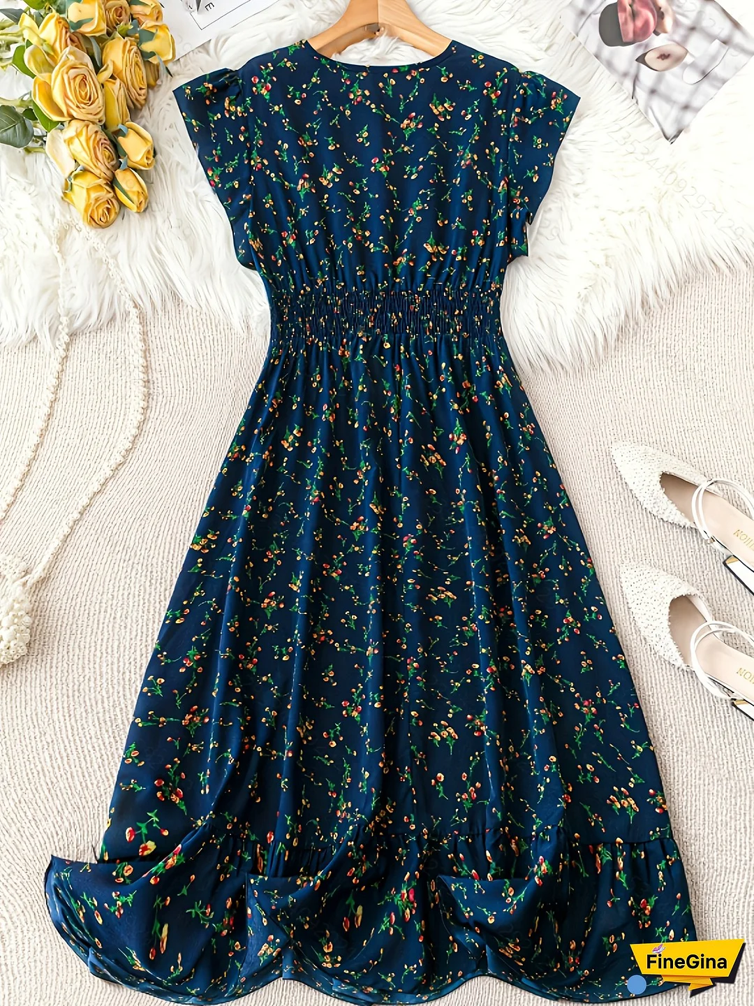 [Navy Blue Midi Dress] Navy Blue Floral V-Neck Midi Dress For Women | Sleeveless, Ruffled Hem, Cinched Waist, Spring/Summer/Fall Fashion