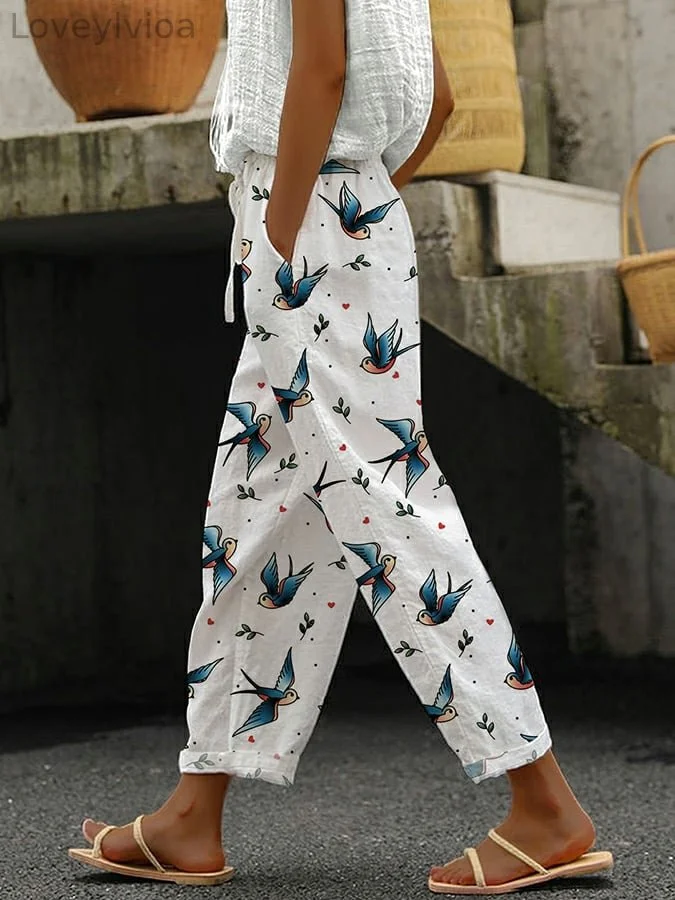 Fresh Retro Swallow Print Loose Casual Pants