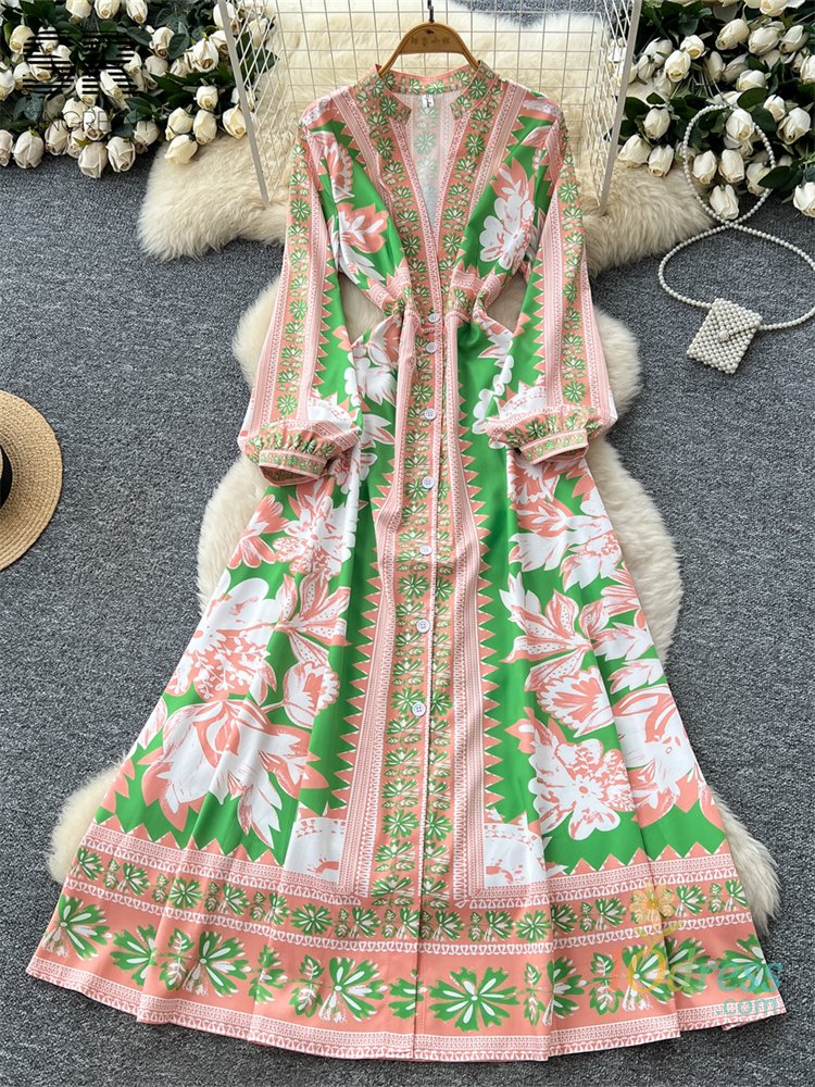 IO Dress SINGREINY Vintage Print Long Dress 2025 Lingt Luxury Lantern Sleeves V Neck Single Breasted Women Autumn Court Large Swing Dress