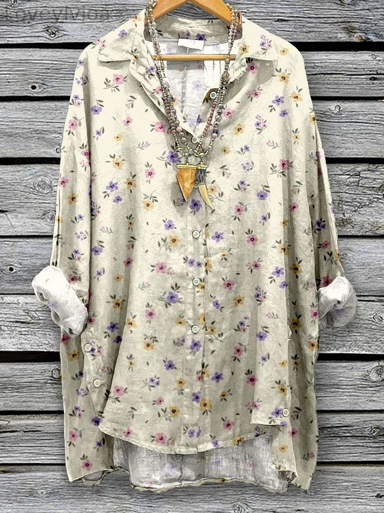 Women's Flowers Floral Spring Print Casual Cotton And Linen Shirt
