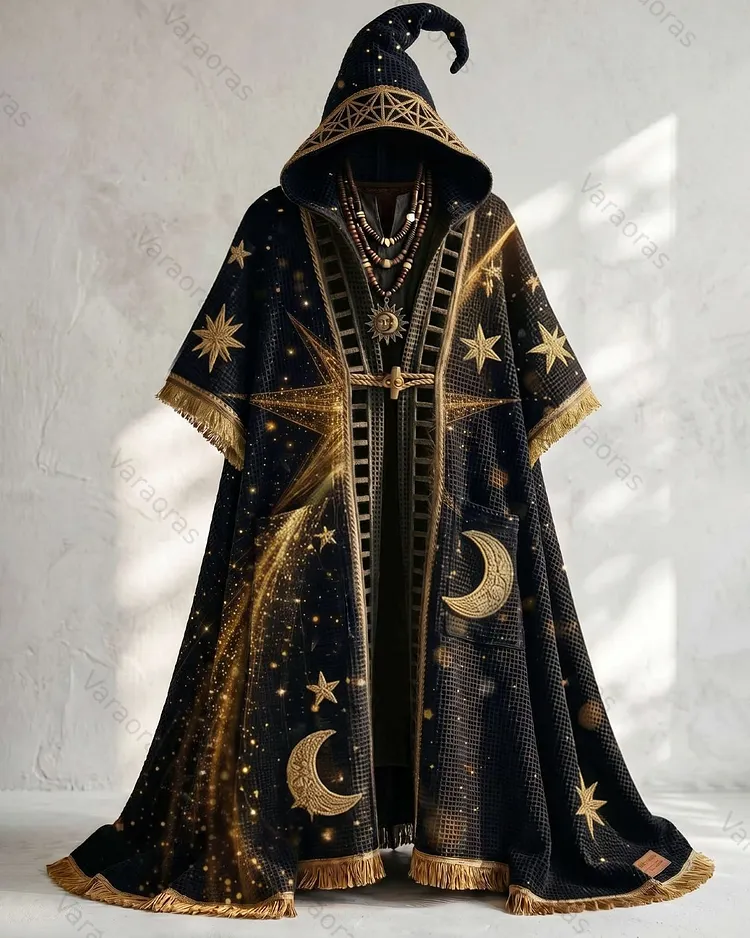 Men's Summer Fashion Star and Moon Embroidered Linen Hooded Cape 1784