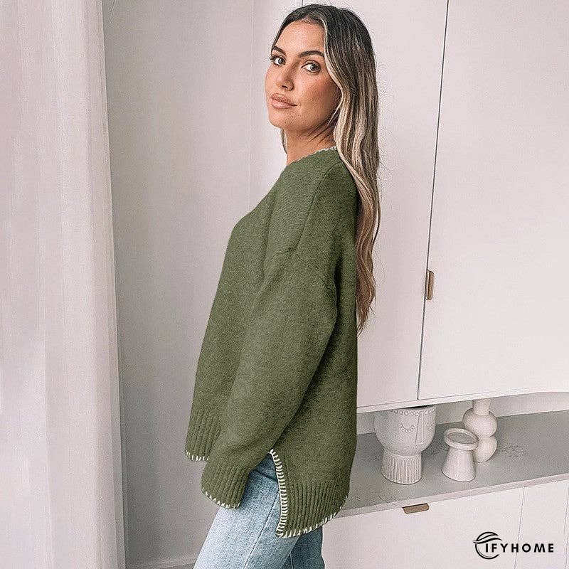 Stylish Round Neck Sweater With Hemmed Border And Side Slit | IFYHOME