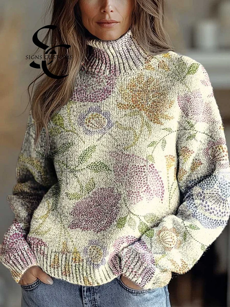 Women's Vintage Art Polka Dot Floral Print Knit Turtleneck Pullover Sweater