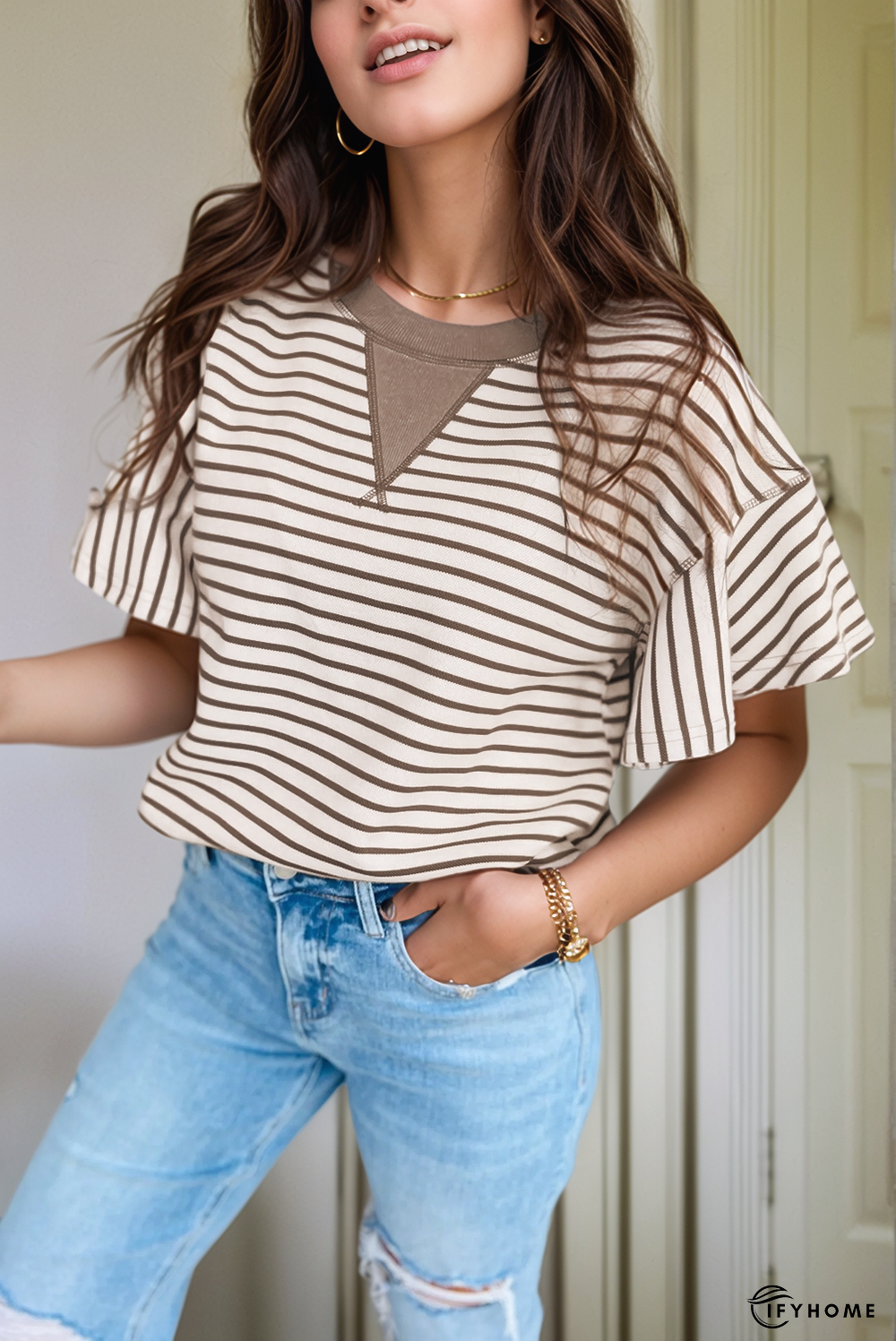 Contrast Detail Striped Ruffle Short Sleeve Top | IFYHOME