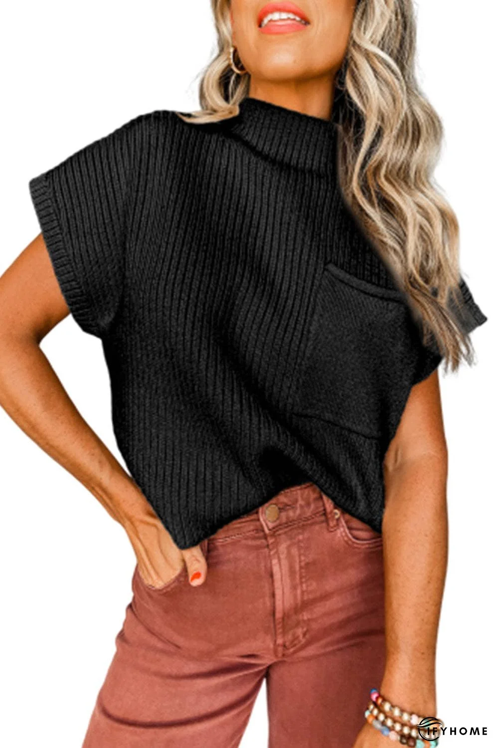 Oatmeal Patch Pocket Ribbed Knit Short Sleeve Sweater | IFYHOME