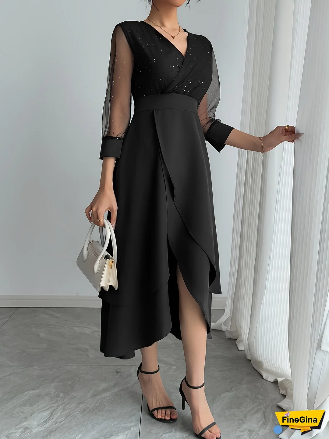 [Elegant Dress] Elegant Mesh Splicing Seven-Sleeve Women's Four-Season Fashion Dress | Dignified New Year Light Evening Gown For Dating, Holiday Party