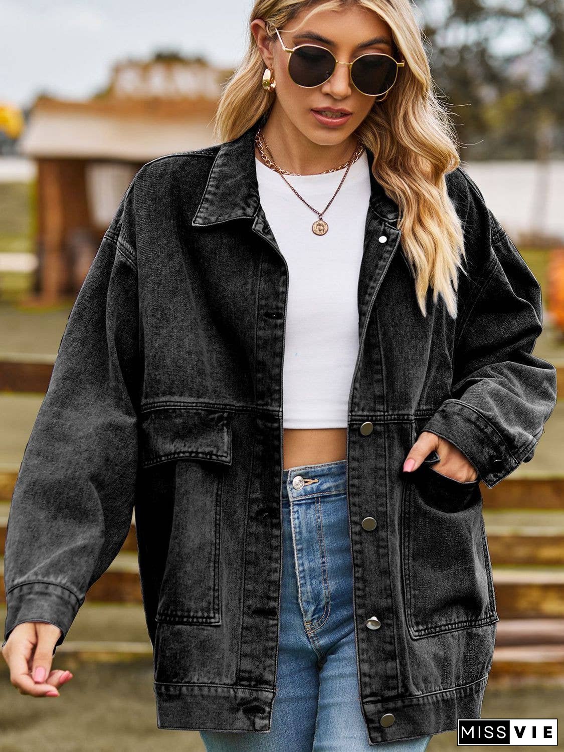 Dropped Shoulder Denim Jacket with Pockets