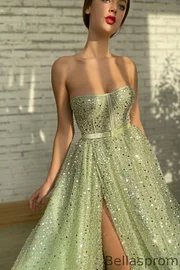 slim fit dress slacks Ball Gown Sweetheart Sage Green Tulle Long Prom Dresses with Appliques, Sage Green / 8 main image 0