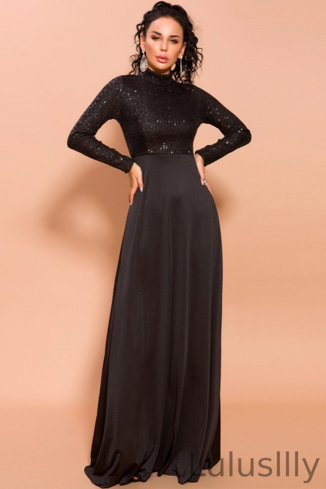 Chic Black Long Sleeve Prom Dress Sequins High-Neck Evening Gowns - lulusllly