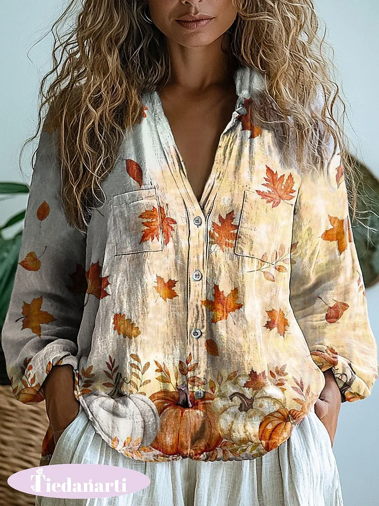 Women's Thanksgiving Pumpkin Maple Leaf Art Print Casual Long Sleeve Comfortable Cotton Shirt