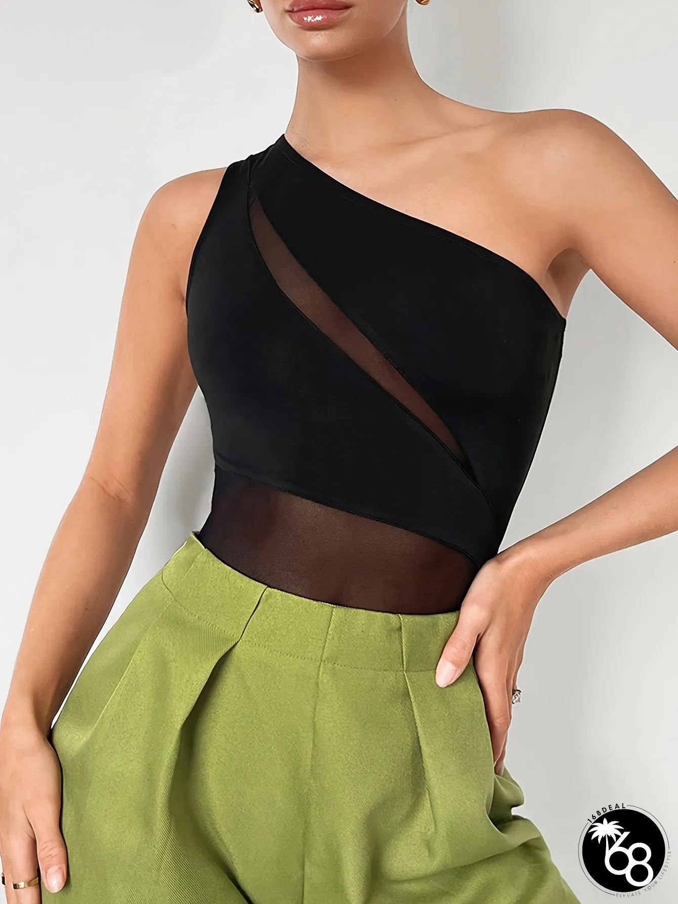 Womens Elegant Lace-Trimmed Off-shoulder Top High Elasticity Slim fit short sleeveless | 168DEAL