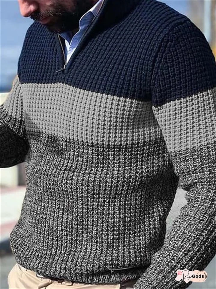 Men's Sweater Pullover Sweater Jumper Ribbed Knit Cropped Zipper Knitted Color Block Stand Collar Basic Stylish Outdoor Daily Clothing Apparel Winter Fall Orange Gray M L XL