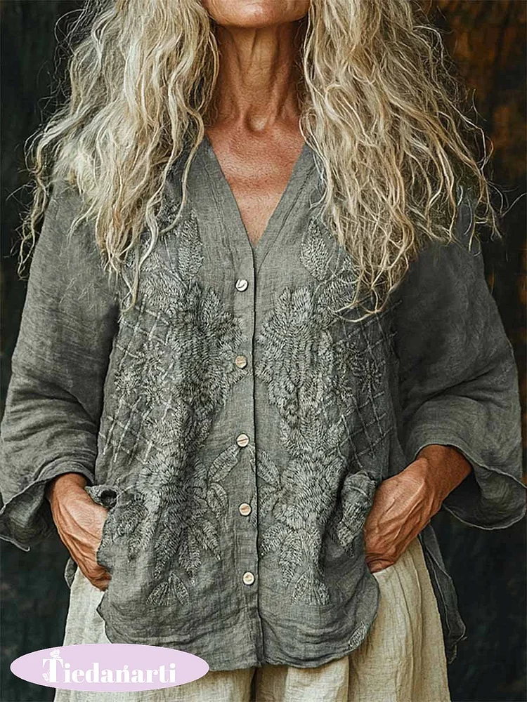Women's Floral Texture Art Patterns Print Linen And Cotton V-neck Casual Shirt