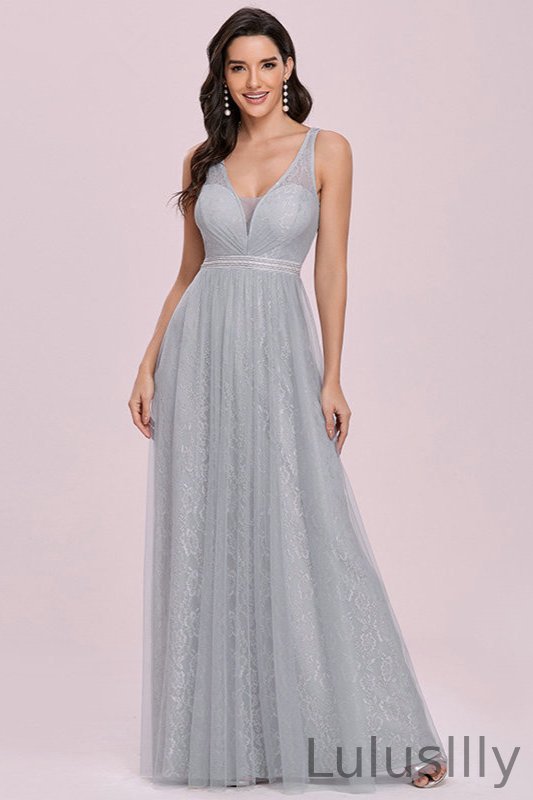 Grey Sleeveless Lace Long Evening Prom Dress - lulusllly