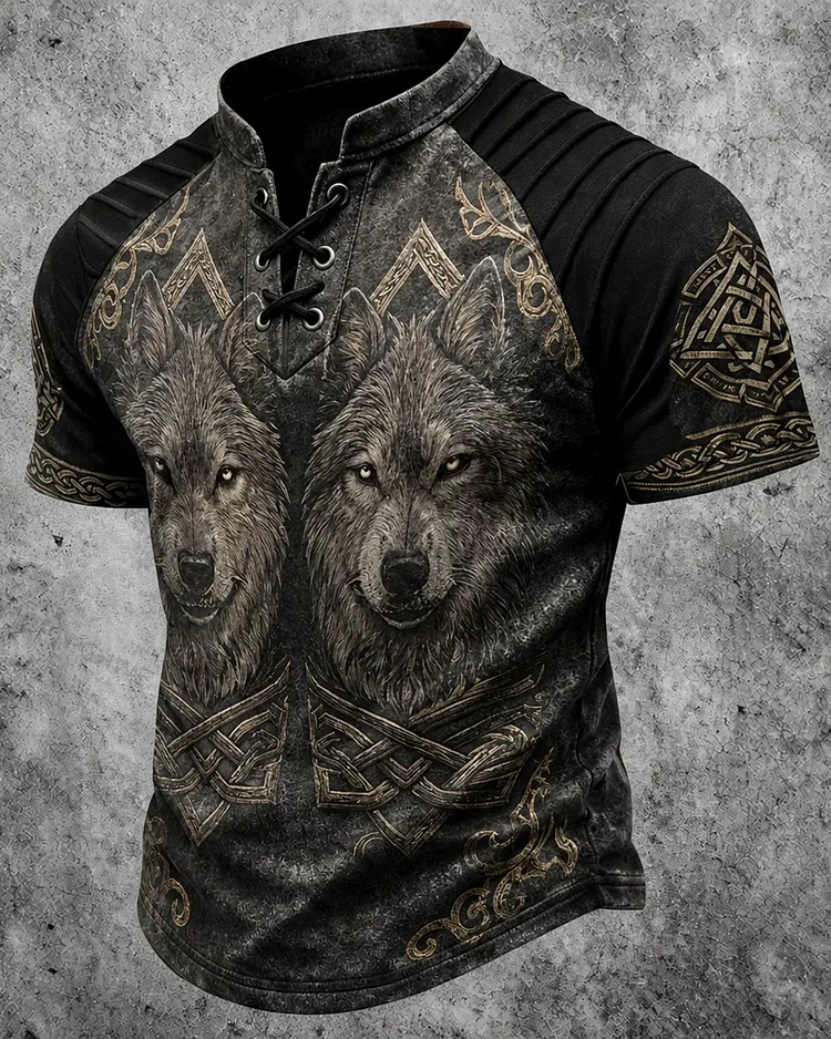 Men's Viking Wolf Print Short-Sleeve Henley T-Shirt 8776