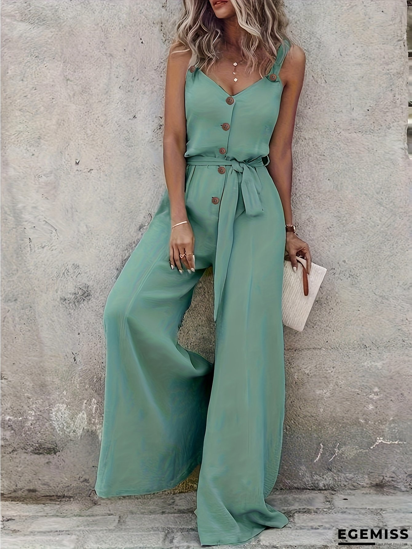 SQ25061932 - Women's Solid Color Button Drawstring Wide-Leg Loose Jumpsuit W0159 | EGEMISS