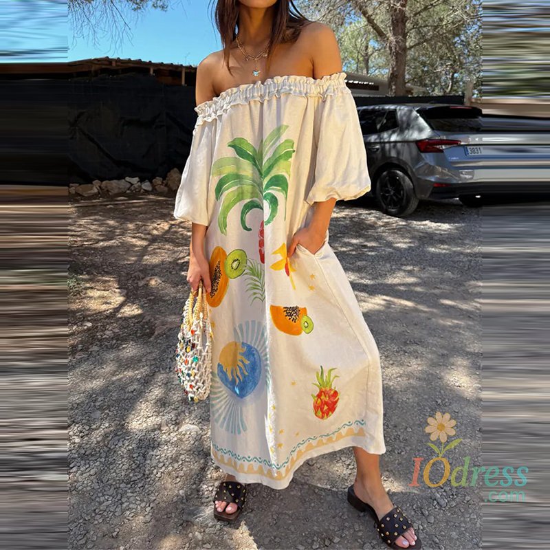 IO Dress Elegant Printed Slash Neck Vacation Long Dress Women Sexy Off Shoulder Linen Loose Party Dress Fashion Draped Bohe Beach Dresses