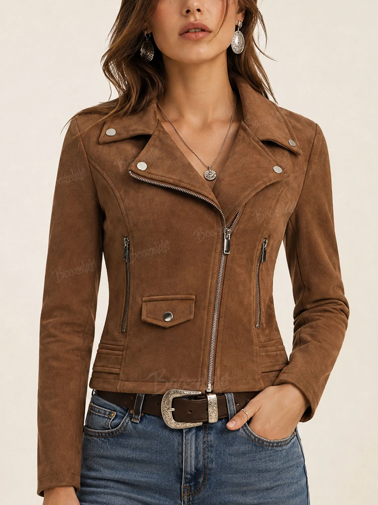 Great for a Desert Glam Bachelorette Party &mdash; 2026 Autumn Women Chestnut Soft Fitted Zipper Pocket Suede Short Jacket