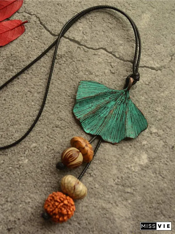 Vintage Wooden Beaded Leaf Shape Necklaces Accessories