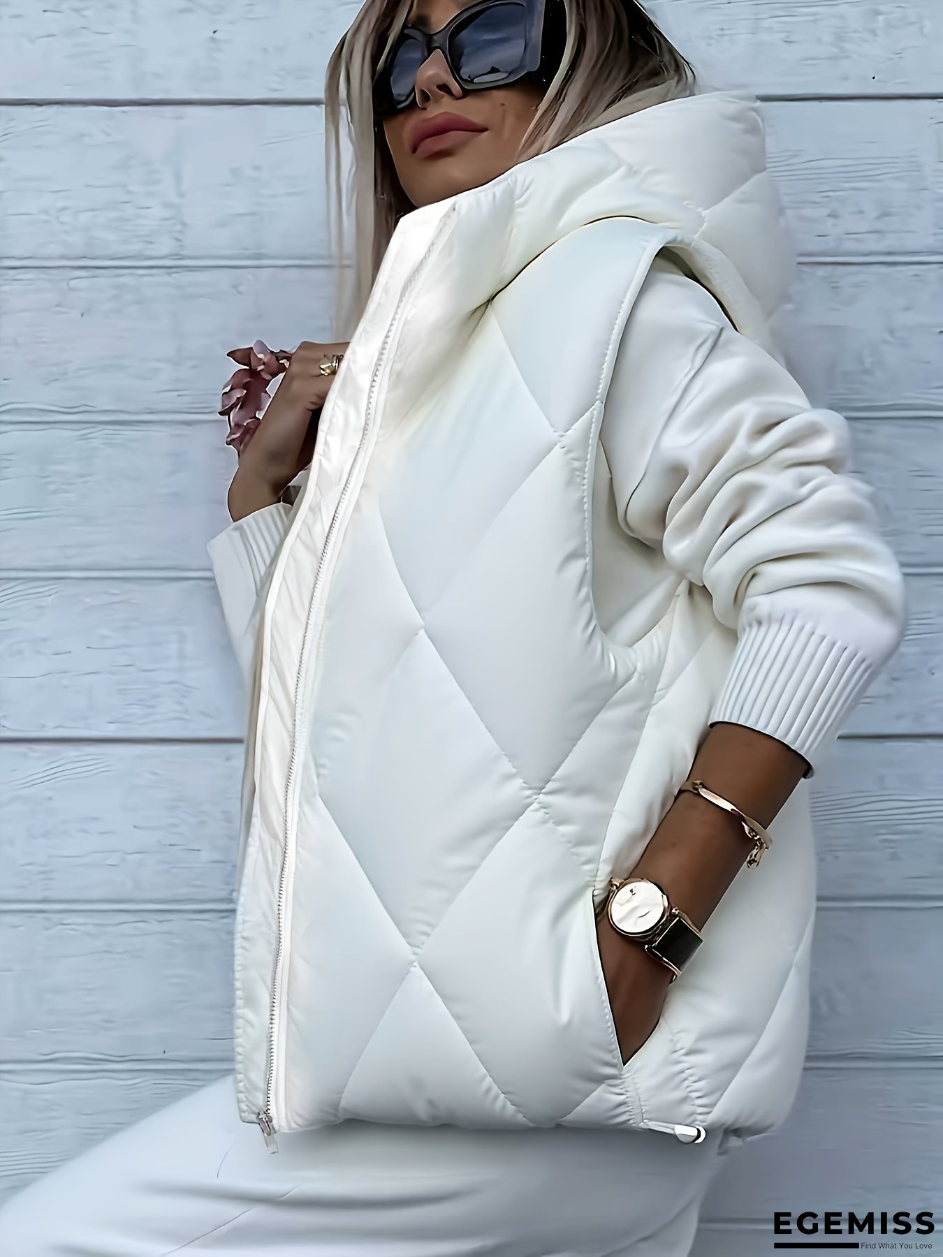 Women's White Winter Full-Zip Hooded Jacket with Full-Zip Front Closure, Full-Zip Sleeveless Coat, Full-Zip Outerwear - Machine Washable Winter Coat with Hood, Elegant White Jacket for Women, Casual to Formal Outfits | EGEMISS