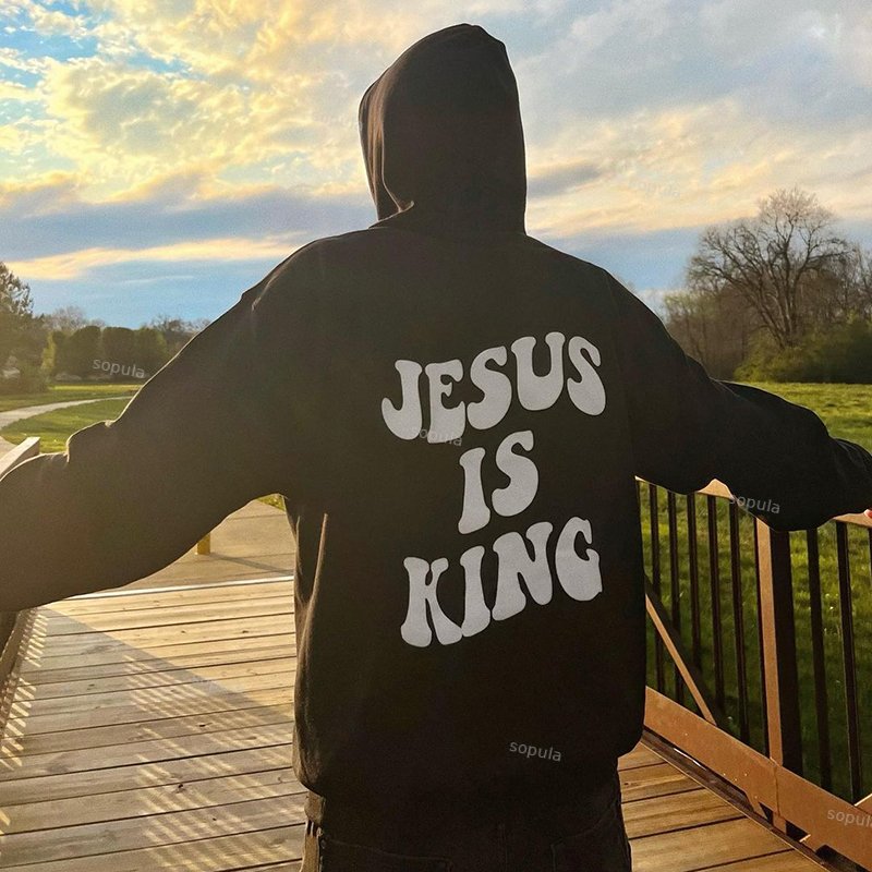 Jesus Is King Puff Print Graphic Pullover Hoodie