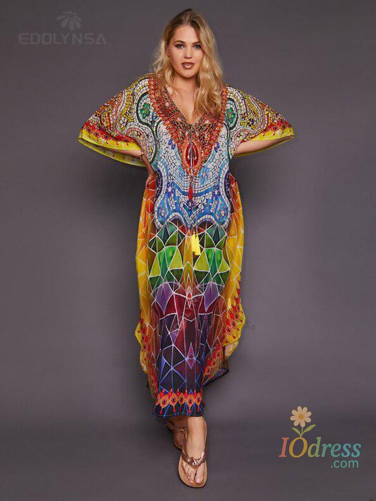 IO Dress 2025 Quick-drying Bohemian Printed Loose Summer Beach Dress Moroccan Kaftan Women Plus Size Beachwear Tassel Midi Dress Q897 IO Dress Store