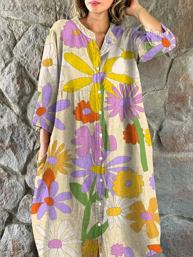 Women's Art Botanical Floral Print Single Breasted Dress