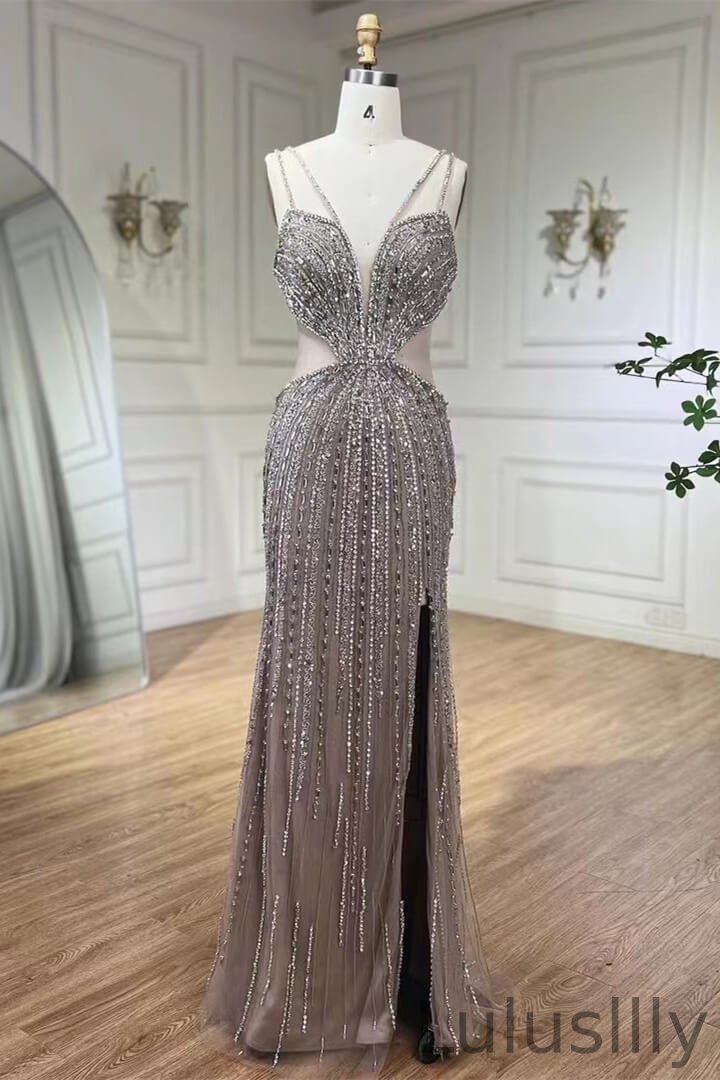 Chic V-Neck Mermaid Evening Gown With Split Beadings Sleeveless - lulusllly