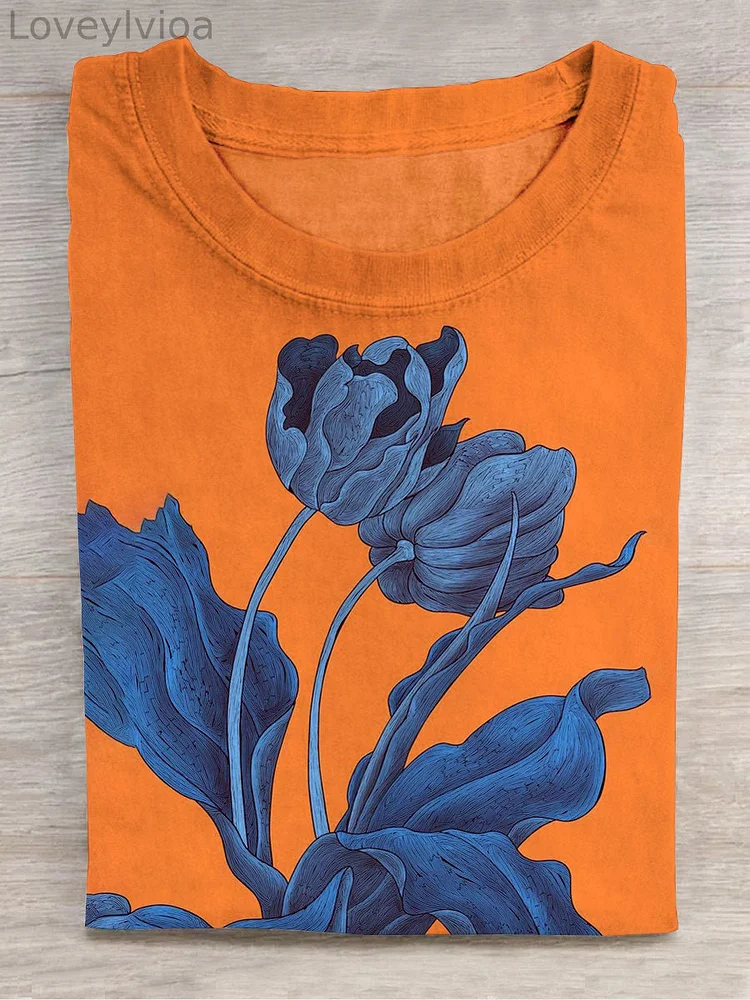 Unisex Floral Illustration Art Print Round Neck Short Sleeve T-Shirt