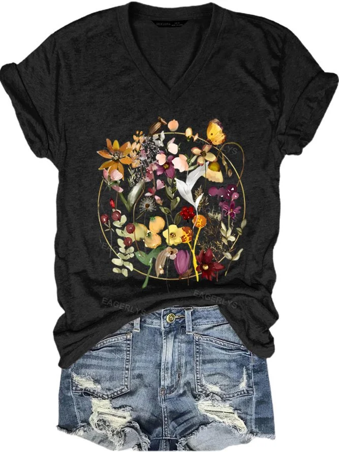 Eagerlys Colorful Flowers Floral Hoop V-neck T-shirt Eagerlys
