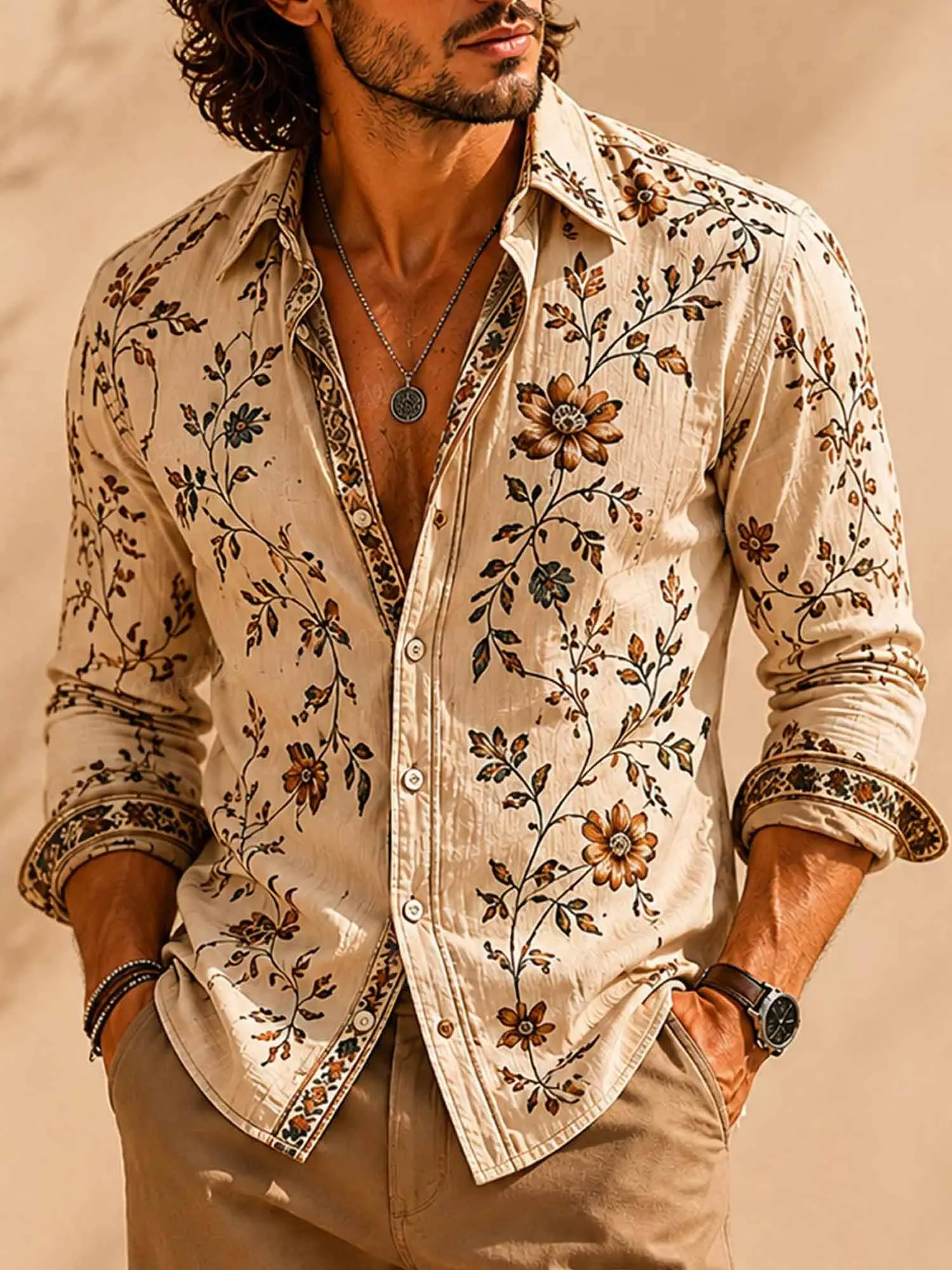 Perfect for a Western Country Concert &mdash; Oatmeal Cream Linen-Blend Symmetrical Floral Vine Long-Sleeve Shirt-100% Cotton