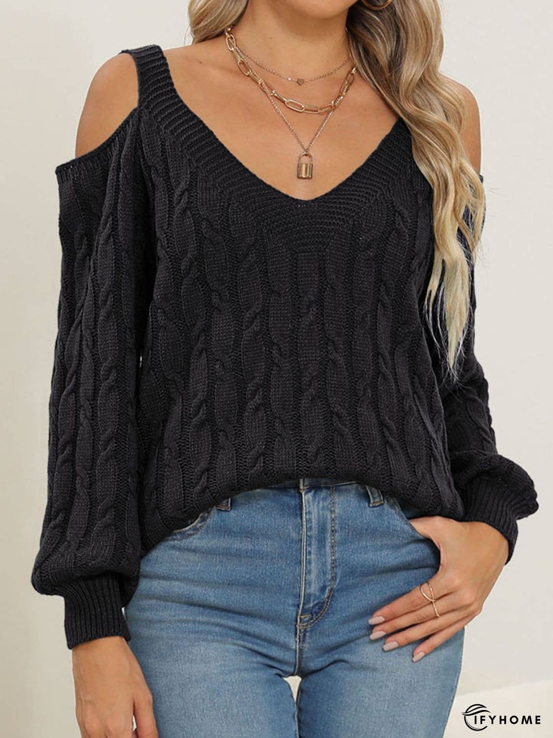 Cable-Knit V-Neck Long Sleeve Sweater | IFYHOME