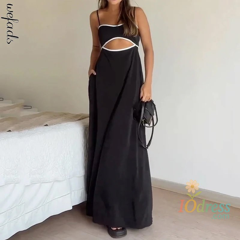 IO Dress Wefads Maxi Dress Women Summer Casual Patchwork Suspender Sleeveless Hollow Out Backless Lace Up Loose Beach Long Dressses