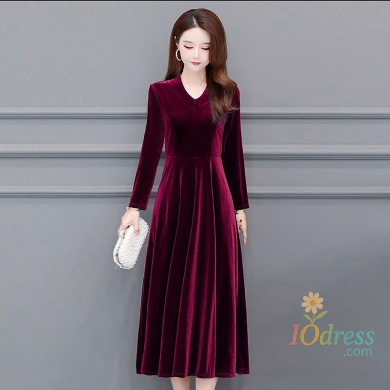IO Dress V-neck Dress Autumn Winter New Style Waist-hugging to Make You Look Slim and Fashion Solid Long-sleeved A-line Skirt for Women