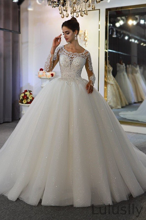 Luluslly Gorgeous Scoop Long Sleeves Wedding Dress Lace Appliques Sequined