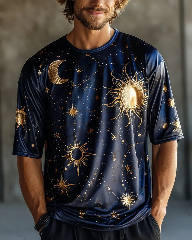 Men's Summer Star and Moon Embroidered Satin Short-Sleeve T-Shirt 4023