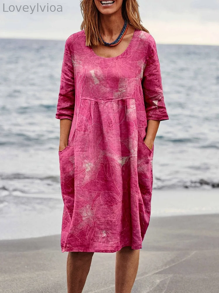 Women’s Floral Pattern Linen Pocket Tunic Dress