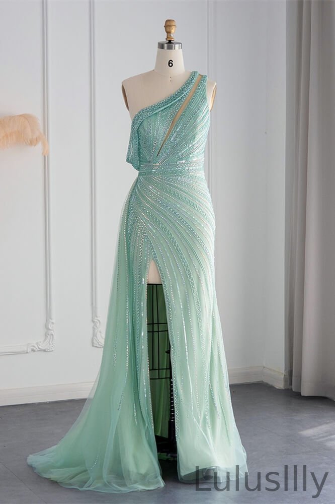 Luxury One Shoulder Sleeveless Mermaid Evening Dress High Split With Beadings - lulusllly