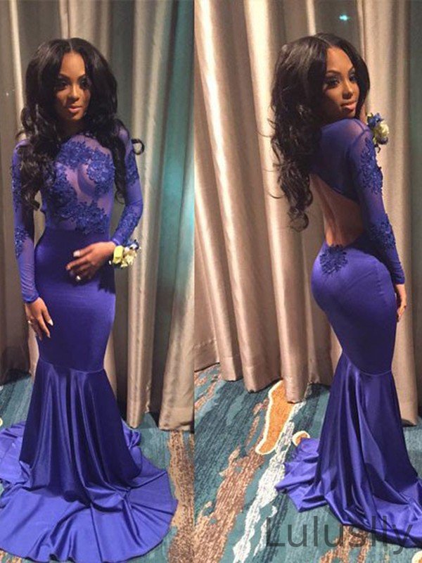 Luluslly Long Sleeves Open Back Prom Dress Mermaid With Lace Appliques
