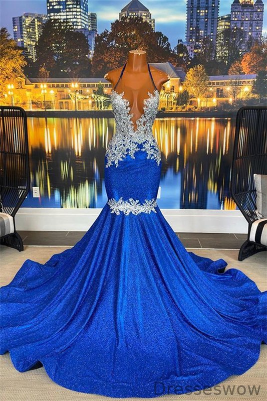 Dresseswow Royal Blue Halter Prom Dress Mermaid Sleeveless With Appliques